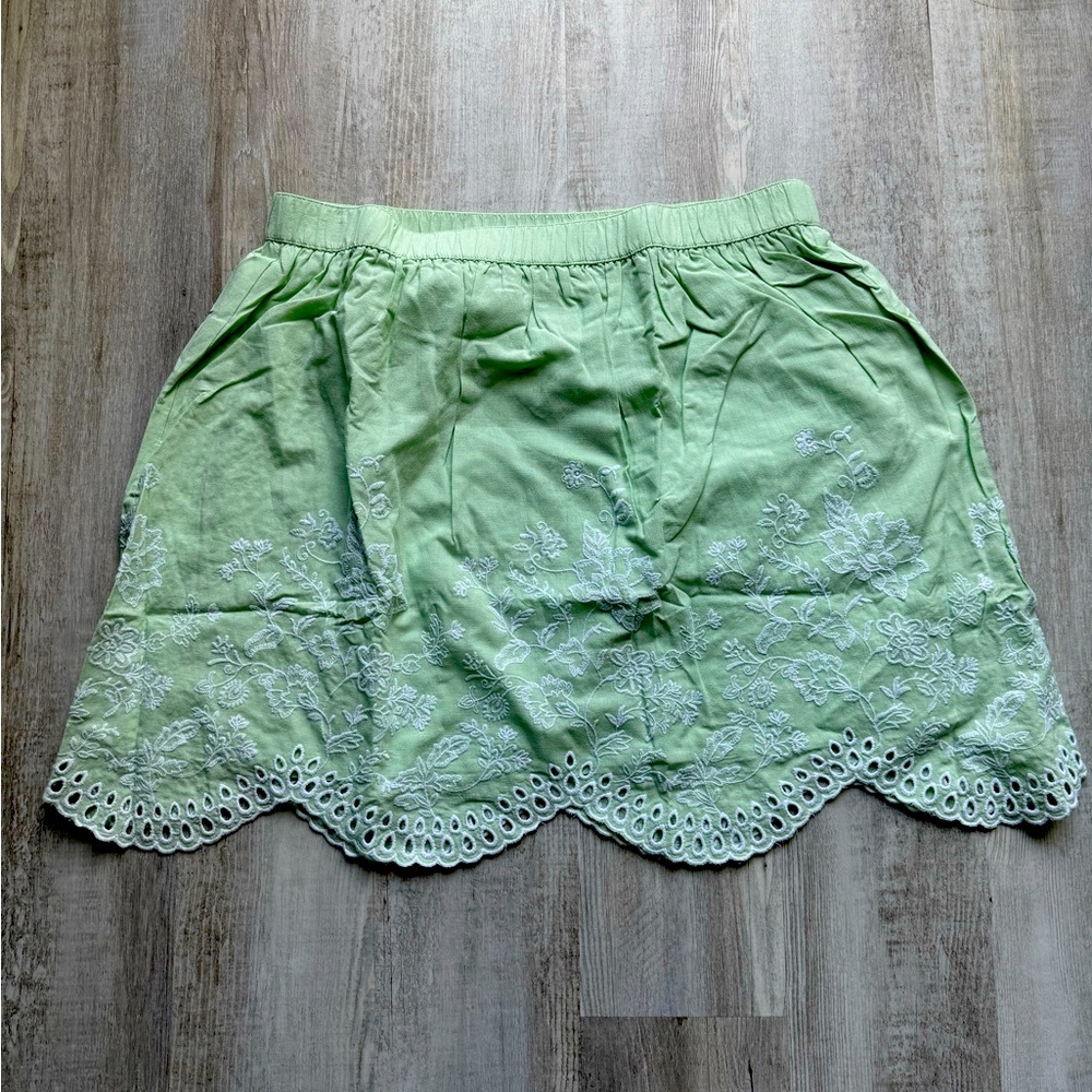 LOFT Light Green Embroidered Mini Skirt
